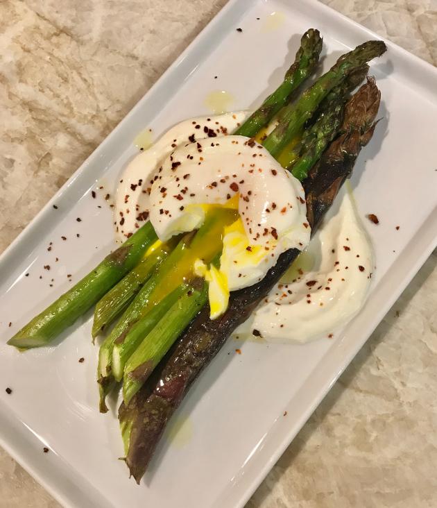 Roasted Asparagus with Preserved Lemon Yogurt Sauce and Poached Eggs